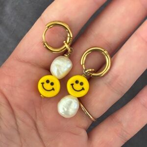 Yellow Smiley Face Earrings with Pearls